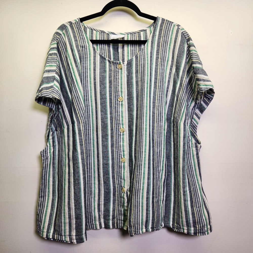 Liz Claiborne LInen Cotton Striped Top 2XL 3XL Button Front Cap Sleeves Coastal